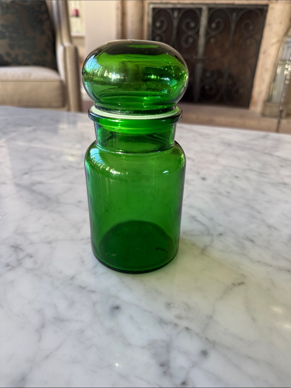 Vintage Green glass Belgium apothecary jar. 7”
